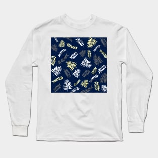 Abstract Leaves Pattern In White, Grey and Gold With Royal Blue Background Long Sleeve T-Shirt